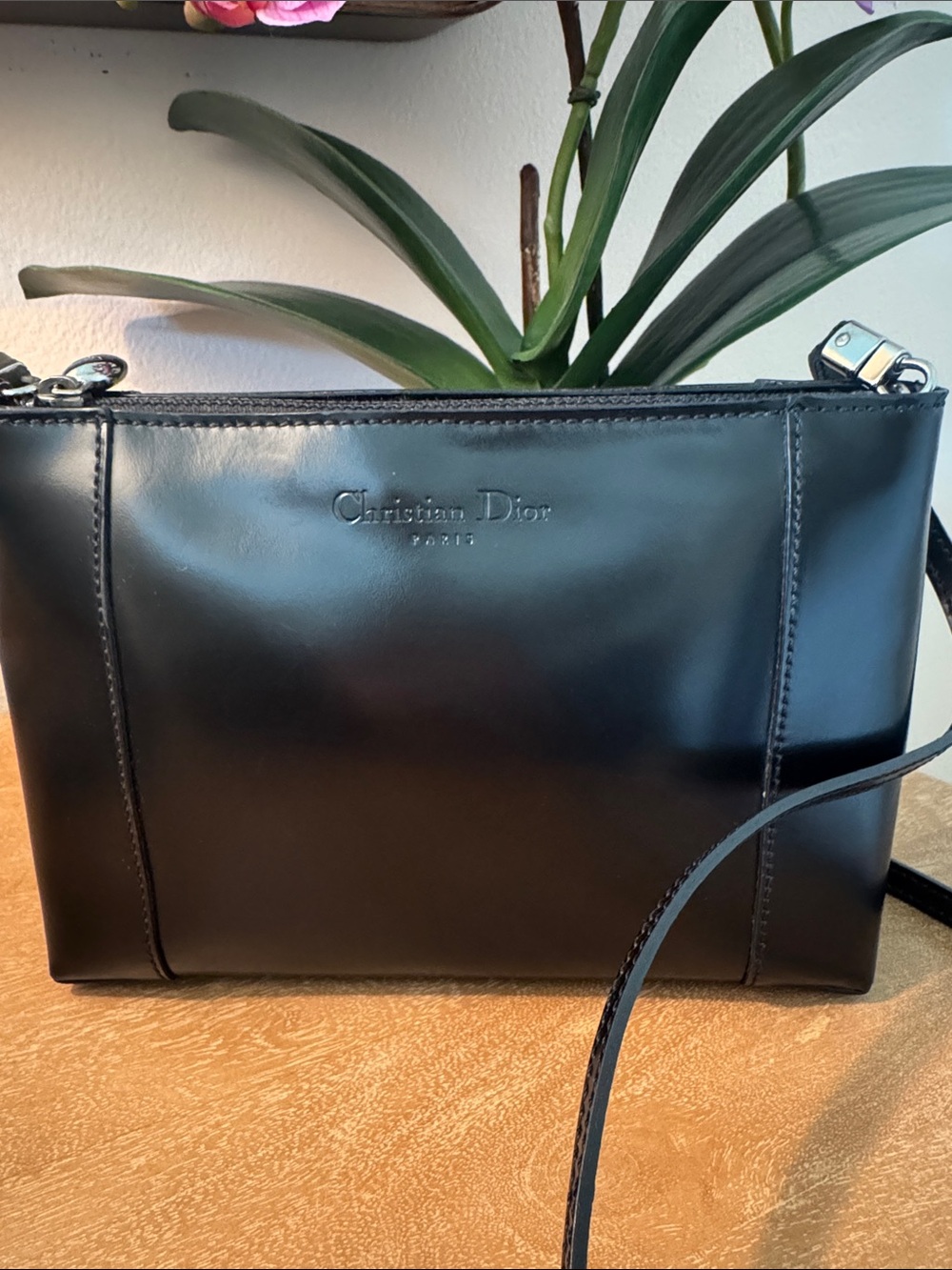 Christian Dior Vintage “Box style” black polished leather shoulder bag.